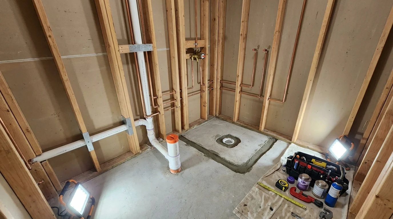 Bathroom rough-in plumbing during remodel by Johns Plumbing LLC in Suffern