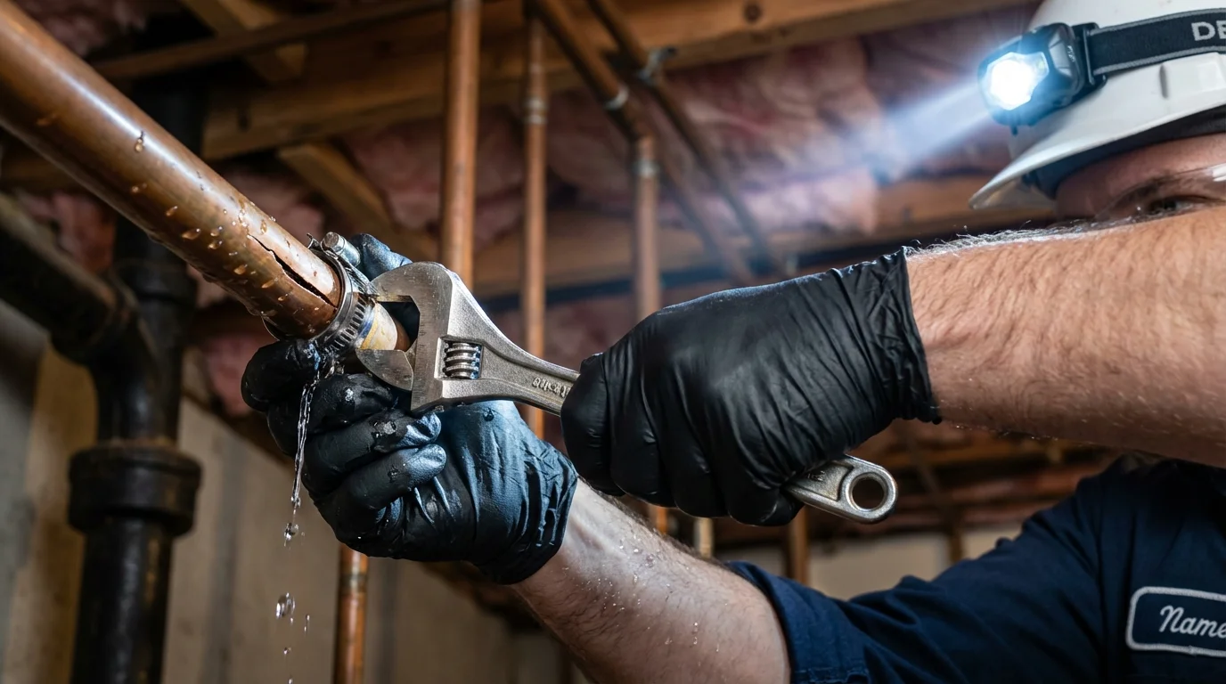 Emergency pipe clamp repair being performed by a Johns Plumbing LLC plumber in Suffern