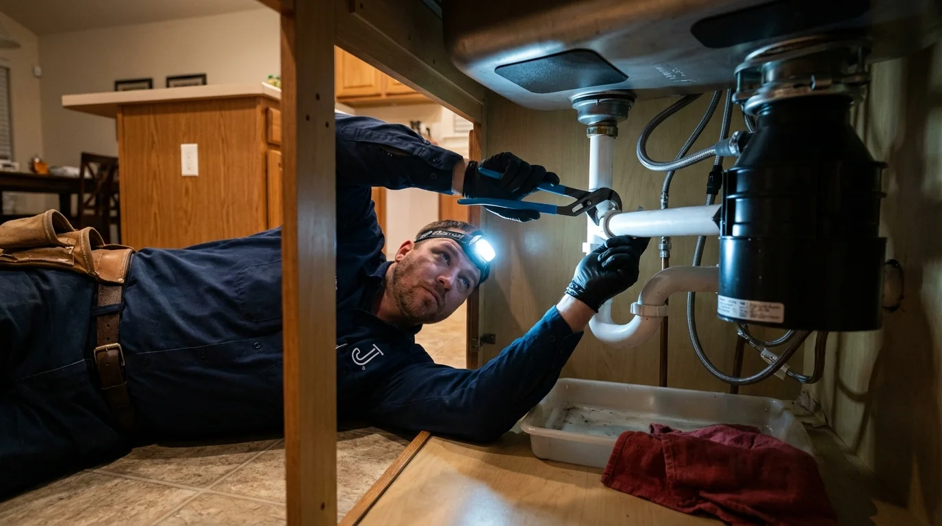 P-trap and supply line connections under a kitchen sink showing a common leak point in Suffern, NY